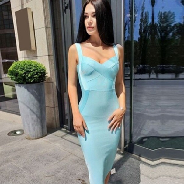 Vestido de vendaje hasta la rodilla azul claro XS