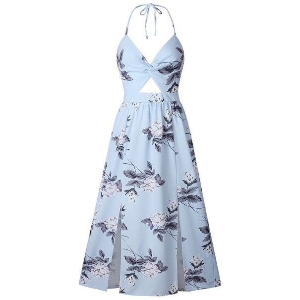 Vestido de verano con lazo en el cuello azul claro XL
