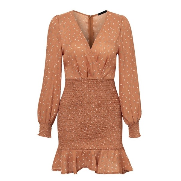 Vestido de verano de manga larga marrón claro M