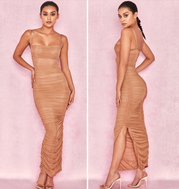 Vestido feminino drapeado caqui L