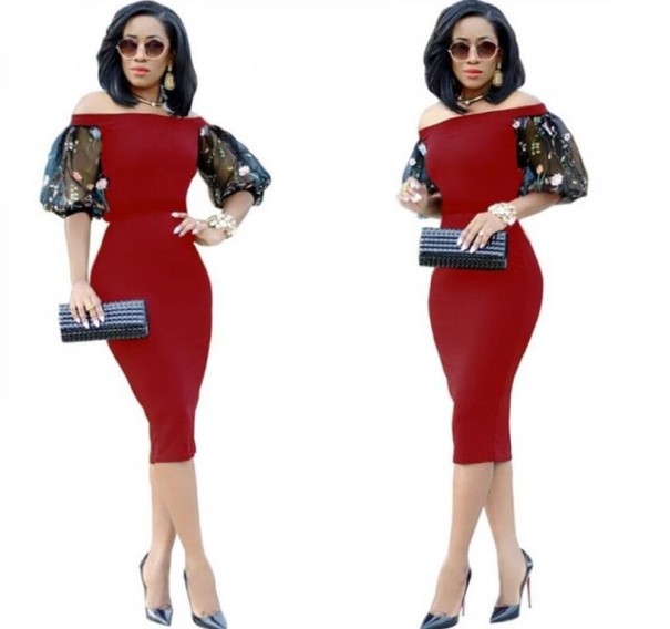 Vestido justo com ombros caídos vermelho escuro S