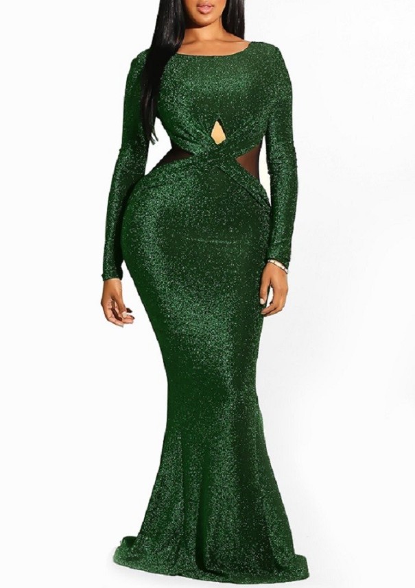 Vestido largo brillante verde oscuro L