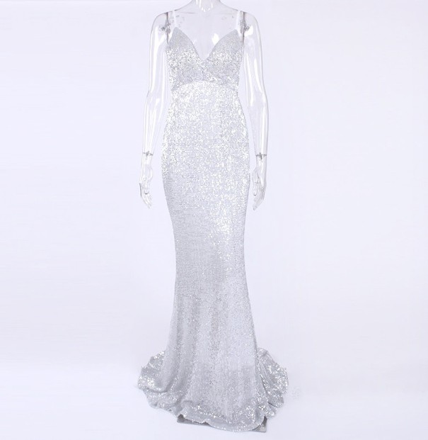 Vestido largo de lentejuelas para mujer plateado XS