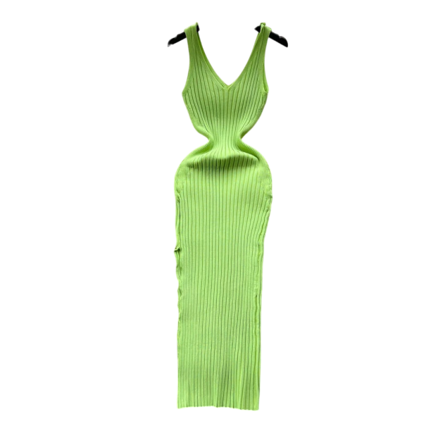 Vestido largo de punto acanalado sin mangas con cuello en V Elegante vestido de punto ajustado para el trabajo y el ocio verde