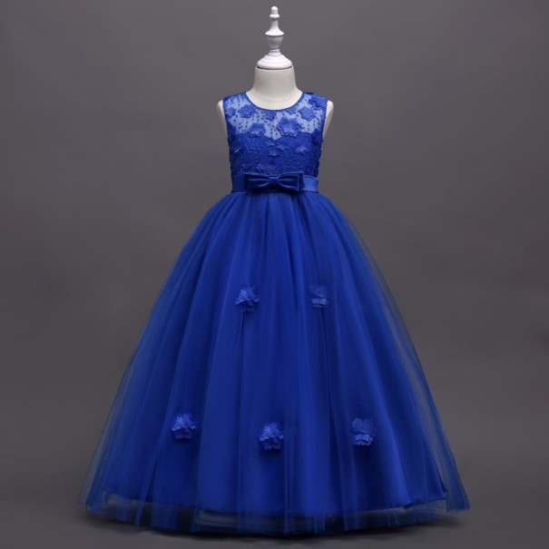 Vestido largo niña flores y lazo J2901 azul 4