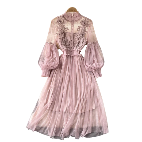 Vestido longo azul com corpete de renda bordada e mangas de tule Conjunto elegante de duas peças com camada inferior lisa até à metade da panturrilha rosa