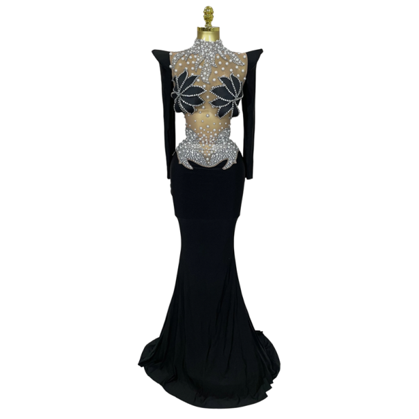 Vestido longo brilhante de luxo para senhora com rede transparente e mangas longas decorado com pedras e pérolas para baile e eventos noturnos preto XL