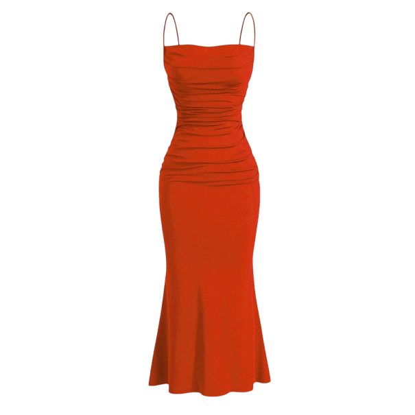 Vestido longo de festa com alças finas corpete franzido material elástico saia alargada corte justo estilo elegante vermelho S