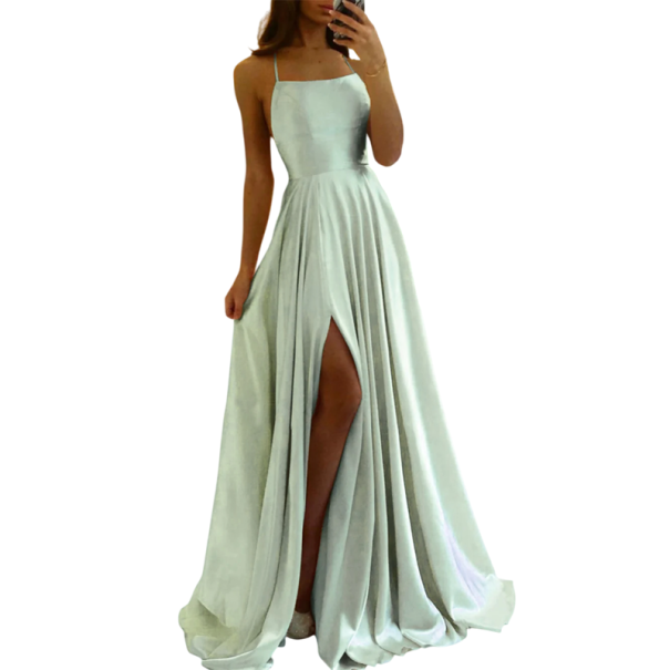 Vestido longo de festa com fenda Superfície de cetim liso Atacadores nas costas Róboa elegante para baile casamento gala verde M