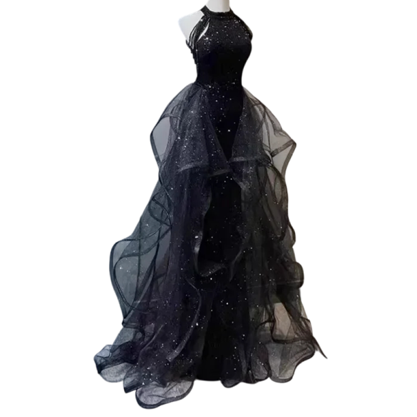 Vestido longo elegante feminino com brilho, lantejoulas e volantes de tule nas laterais, adequado para baile, casamento e eventos sociais noturnos preto L