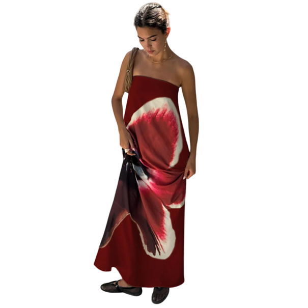 Vestido maxi longo sem alças com estampado floral marcante Vestido de verão elegante com costas abertas e cinto nas costas borgonha M