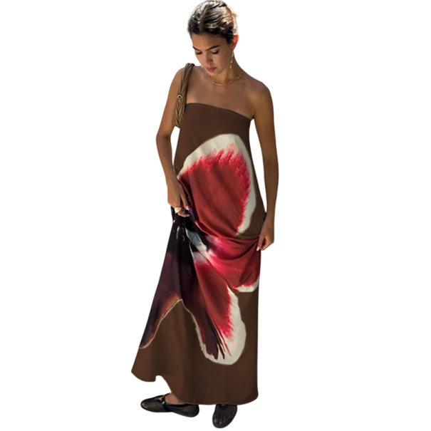 Vestido maxi longo sem alças com estampado floral marcante Vestido de verão elegante com costas abertas e cinto nas costas castanho L