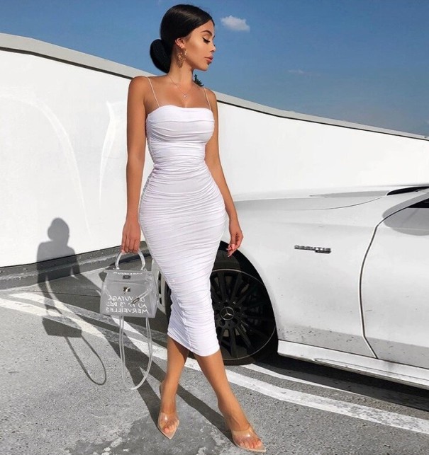 Vestido midi elástico con tirantes blanco XS