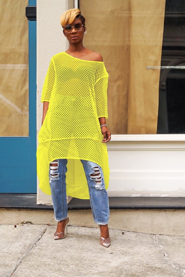 Vestido midi em rede para senhora amarelo S