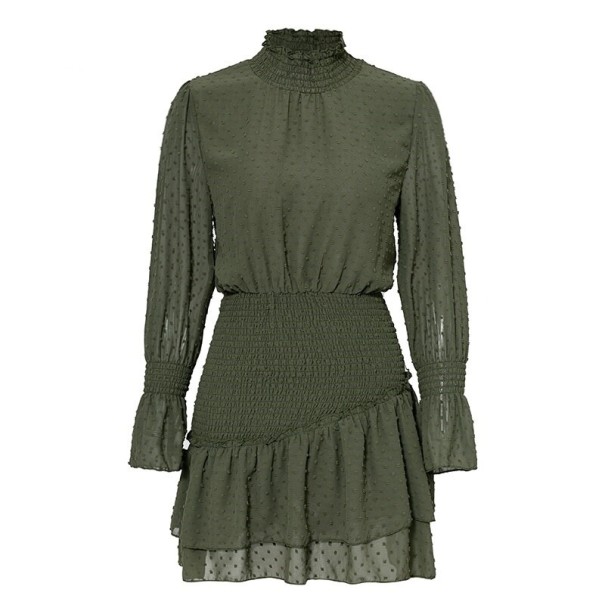 Vestido mini de cuello alto con volantes verde militar XS