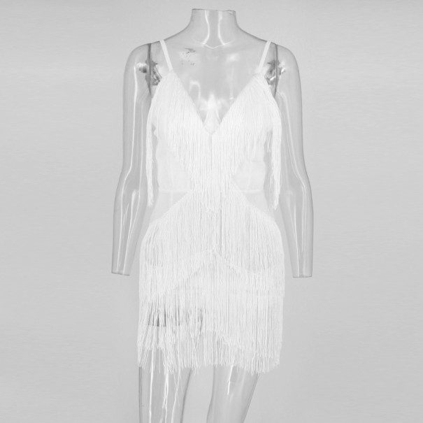 Vestido mini de luxo com franjas branco XL