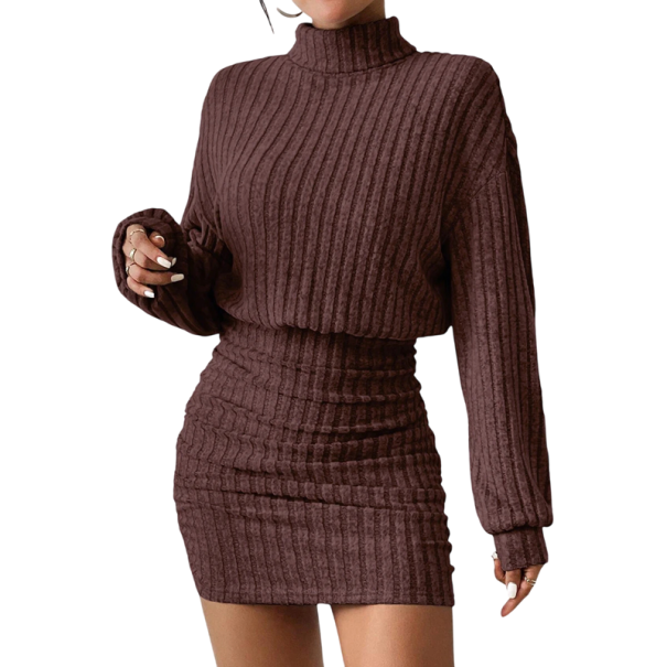 Vestido mini de punto con cuello alto Vestido jersey de canalé con manga larga Elegante vestido de punto ajustado para otoño e invierno marrón S