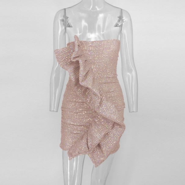 Vestido sin tirantes con brillo rosa claro L