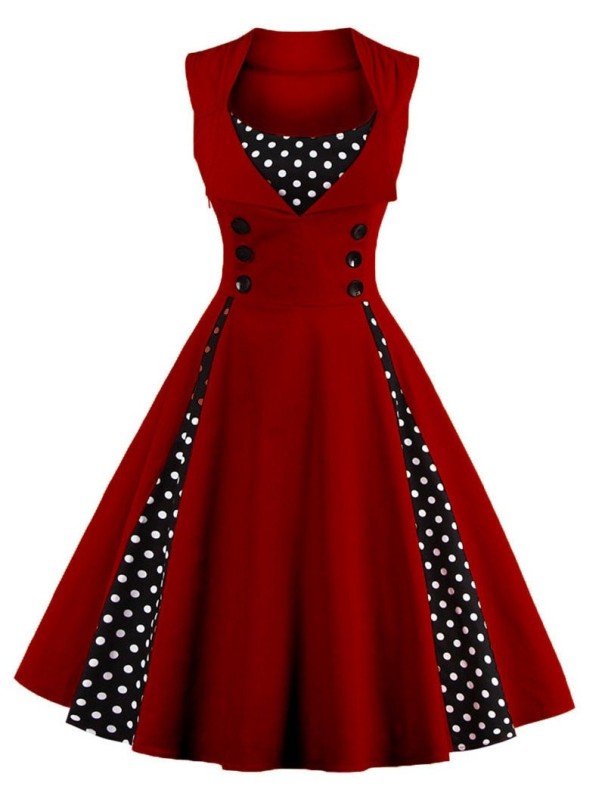 Vestido vintage de mujer con lunares burdeos XXL