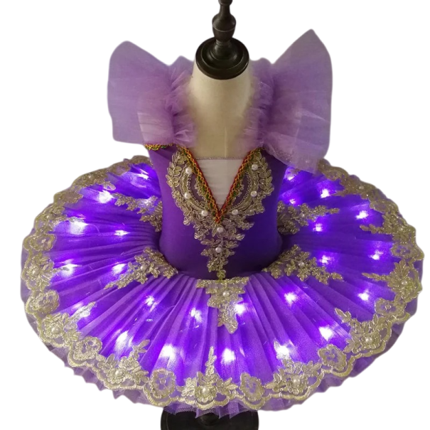 Vestidos de ballet para niñas con iluminación LED, bordado de encaje y perlas, vestidos de baile de poliéster para actuaciones y recitales morado 5