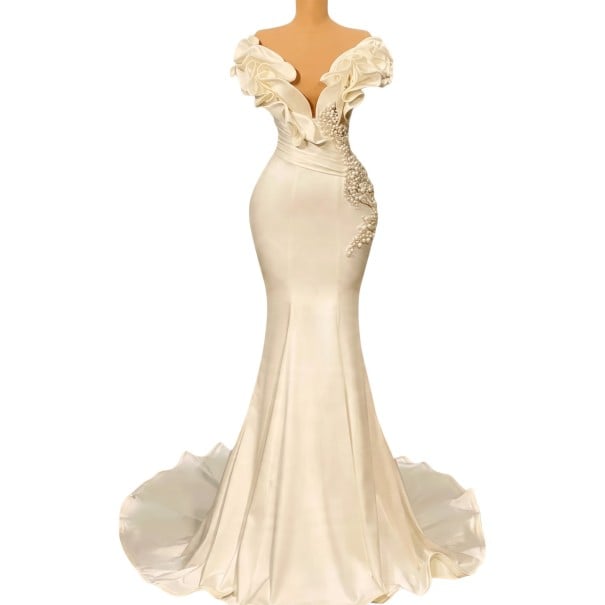 Vestidos de novia largos para mujer con hombros al descubierto y volantes con escote en V profundo y perlas en corte de sirena Ivory L