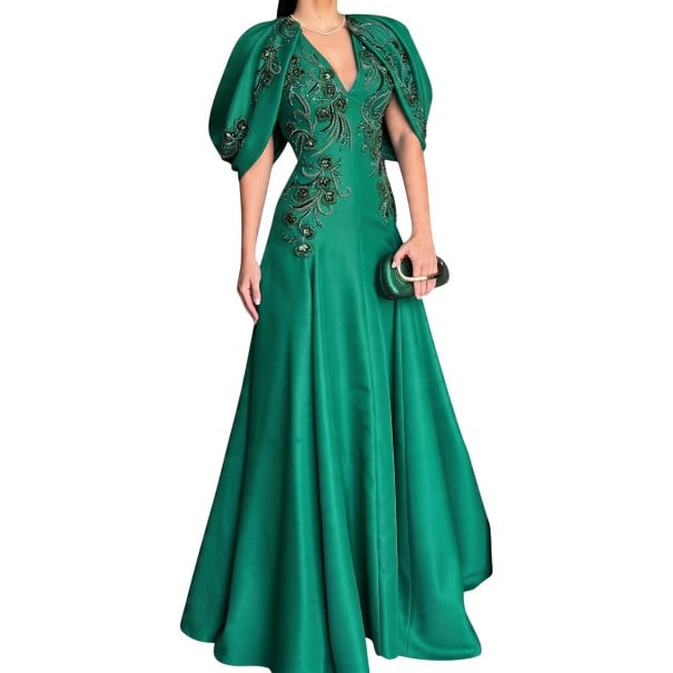 Vestidos longos de noite e de baile para senhora com decote em V e mangas fluidas com bordado de contas em corte A verde L