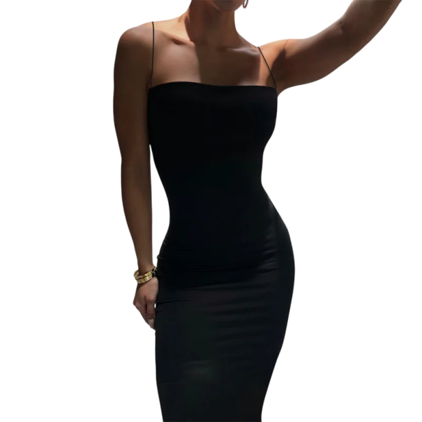 Vestidos longos elegantes com alças finas Corte justo para a noite Material suave e fluido Vestidos festivos até aos tornozelos Estilo de verão preto S