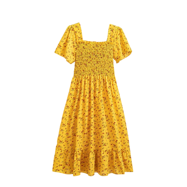 Vestidos longos florais com corpete franzido e bainha em camadas Vestidos de verão românticos com mangas curtas e decote quadrado amarelo
