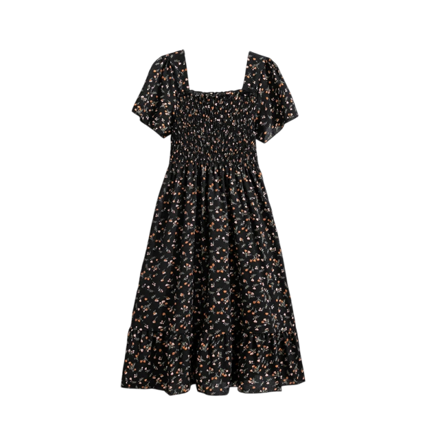 Vestidos longos florais com corpete franzido e bainha em camadas Vestidos de verão românticos com mangas curtas e decote quadrado preto