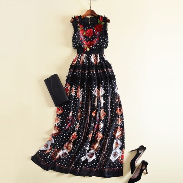 Vestidos maxi negros sin mangas para mujer con bordado floral de rosas Estampado de lunares con corazones y cartas de juego Volantes L
