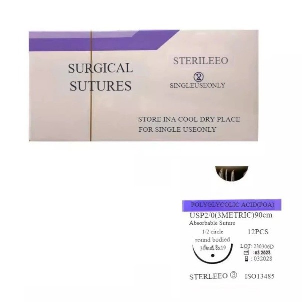 Veterinárne vstrebateľné stehy PGA USP 2-0 90 cm 1/2 kruhová kulatá ihla 30 mm sterilné jednorazové chirurgické šitie 1
