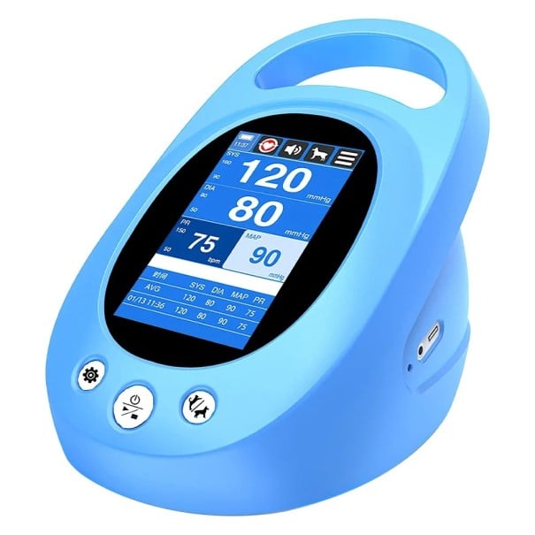 Veterinární tlakoměr pro psy a kočky Dotykový IPS displej 4,3 palce 5 manžet Rozměry 16 x 13 x 13 cm Bluetooth i USB Modrý Na měření tlaku 1