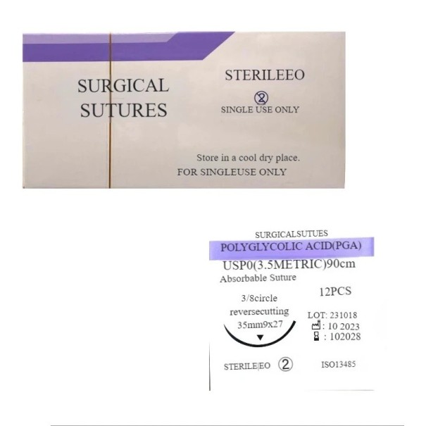 Veterinární vstřebatelné stehy PGA USP-0 90 cm 3/8 kruhová reverzní řezná jehla 35 mm sterilní jednorázové pro chirurgické použití 1