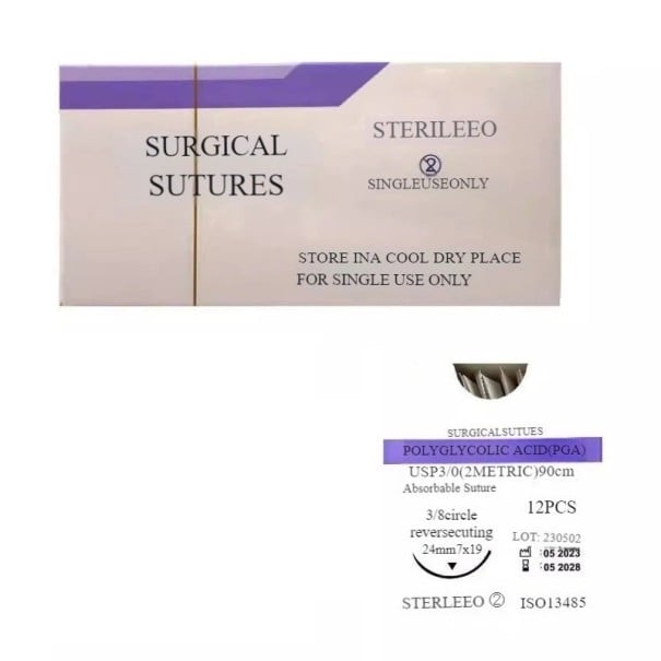 Veterinární vstřebatelné stehy PGA USP 3-0 90 cm 3/8 kruhová reverzní řezná jehla 24 mm sterilní jednorázové chirurgické šití 1