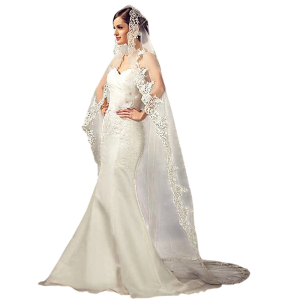 Véu de Noiva 3 m Catedral Único em Tule com Pente Borda de Renda Véu Longo Luxuoso Branco Ivory Ivory