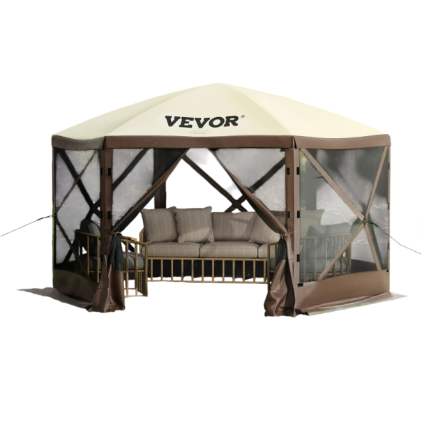 VEVOR Camping-Pavillon 3,65 x 3,65 m sechseckiges Moskitonetz-Zelt mit Insektenschutznetzen in braun-beige für Camping, Garten und Wandern