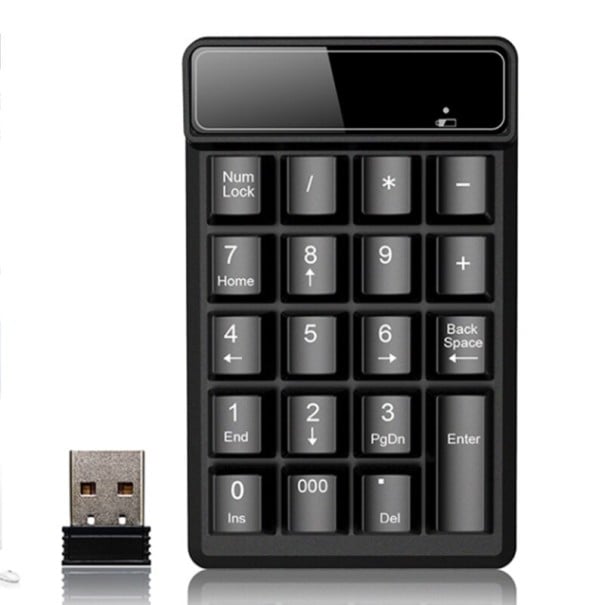 Vezeték nélküli numerikus billentyűzet laptophoz és számítógéphez 000 és Backspace billentyű Napározás AAA elemmel Fekete ABS műanyag 8,5 x 13,5 x 1