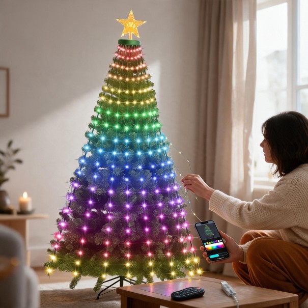 Vianočné osvetlenie na stromček LED vodopád 2,4 m 256 LED RGB Synchronizácia s hudbou Aplikácia i diaľkový ovládač USB S hviezdou na špičku 1