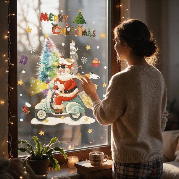 Vianočné samolepky na okná Viacnásobne použiteľné Santa na skútri s mačkami Dúhový stromček Nápis Veselé Vianoce a hviezdičky Na Vianoce 1