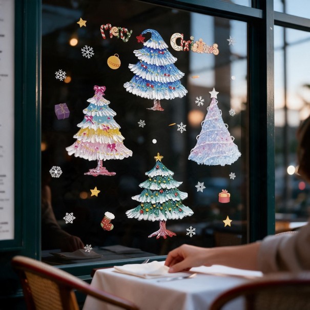 Vianočné samolepky na okno Viacnásobne použiteľné Vianočné stromčeky s nápisom Merry Christmas a vločkami Farebné Dekorácie na výlohu 1