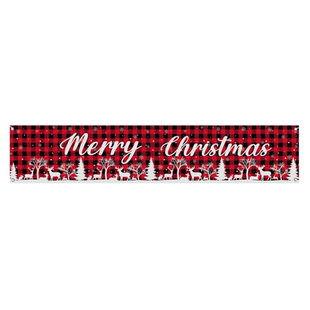Vianočný vonkajší banner 200 x 40 cm Červeno-čierny kockovaný so sobmi a stromami Odolná dekorácia s nápisom Merry Christmas pre fasádu a záhradu 1