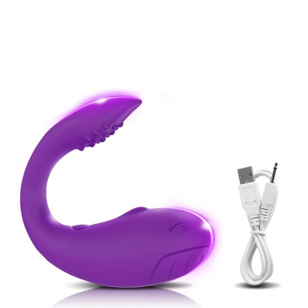 Vibrador con forma de ballena para doble estimulación con aplicación móvil como control remoto, embalaje discreto. morado