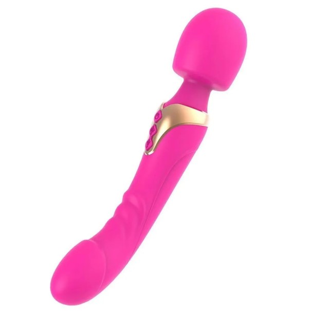 Vibrador de silicona de doble cara de 25,3 cm con punta realista y cabezal Magic Wand 20 modos de vibración Carga USB Resistente al agua Embalaje discreto rosa