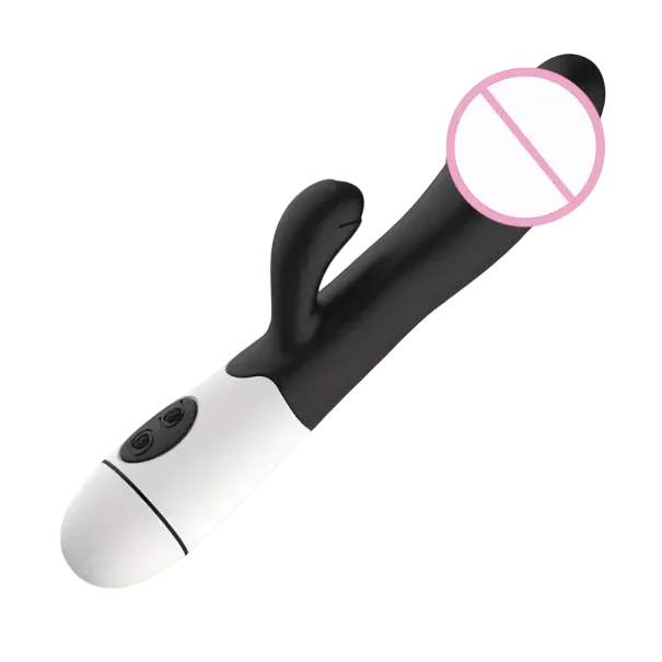 Vibrador doble con cabezal elevado, 30 modos de vibración y proyección clitoriana Superficie de silicona 19,5x3,3 cm Embalaje discreto negro