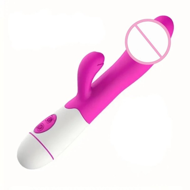 Vibrador duplo com cabeça saliente, 30 modos de vibração e saliência para clítoris 19,5x3,3 cm superfície em silicone embalagem discreta rosa escuro