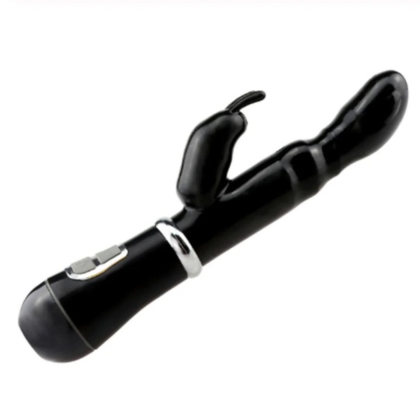 Vibrator dublu cu stimulator cap de iepure, 12 moduri de vibratie, pentru stimularea punctului G si masaj vaginal, suprafata din silicon, diverse culori, ambalaj discret negru