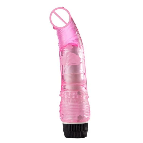 Vibrator transparent TPE 19x4,5 cm cu forma realistica si vibratii puternice, functioneaza cu baterie, ambalaj discret roz