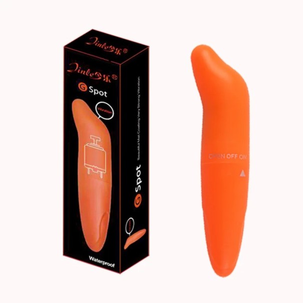 Vibromasseur mini en silicone réversible en forme de dauphin avec un design compact et un emballage discret orange