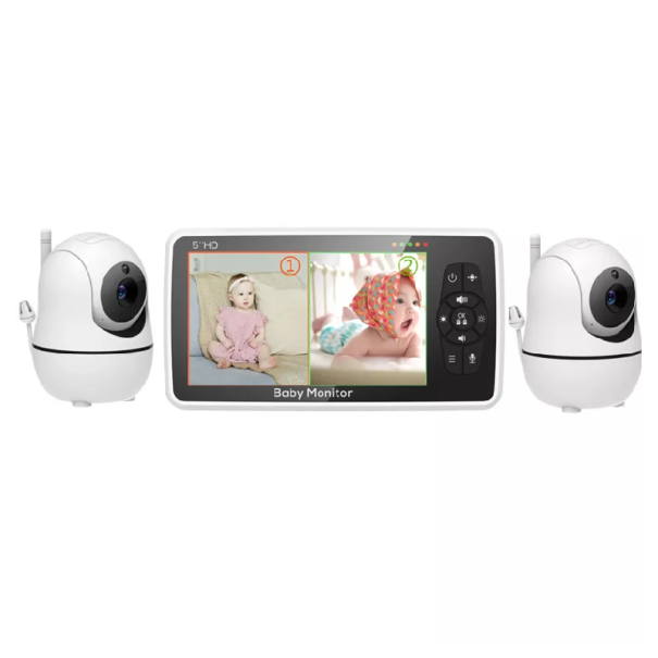 Videobabyalarm med 2 kameraer 5" 720p-skærm Nattesyn 22 timers batterilevetid 300 m rækkevidde Termometer VOX Roterende kamera Vuggeviser 1