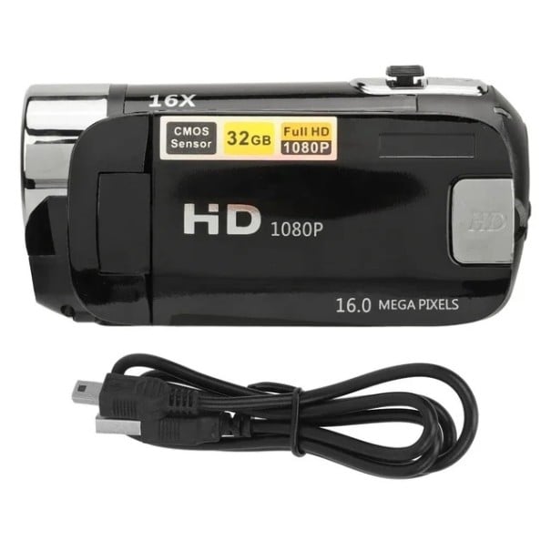 Videokamera Full HD 1080P 16 Mpx s 16x zoomem a otočným 2,4" displejem podpora paměťové karty 32 GB na vlogy i rodinné video černá